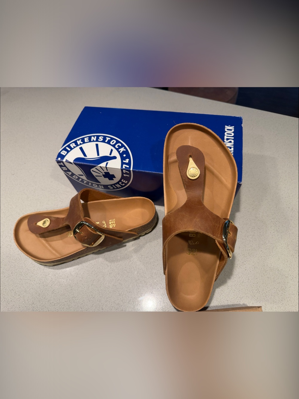 Birkenstock Gizeh Big Buckle (Cognac) Brown Leather Toe-Post Slide Sandals